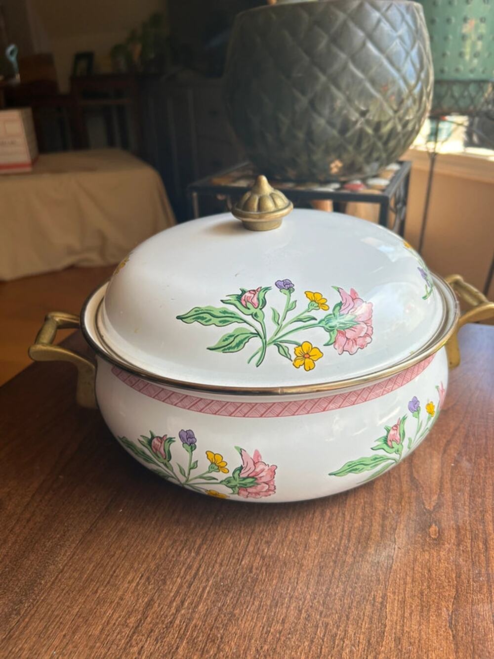 Tabletops Unlimited Dar Collection Enamel On Steel Floral Vintage PotWith Lid